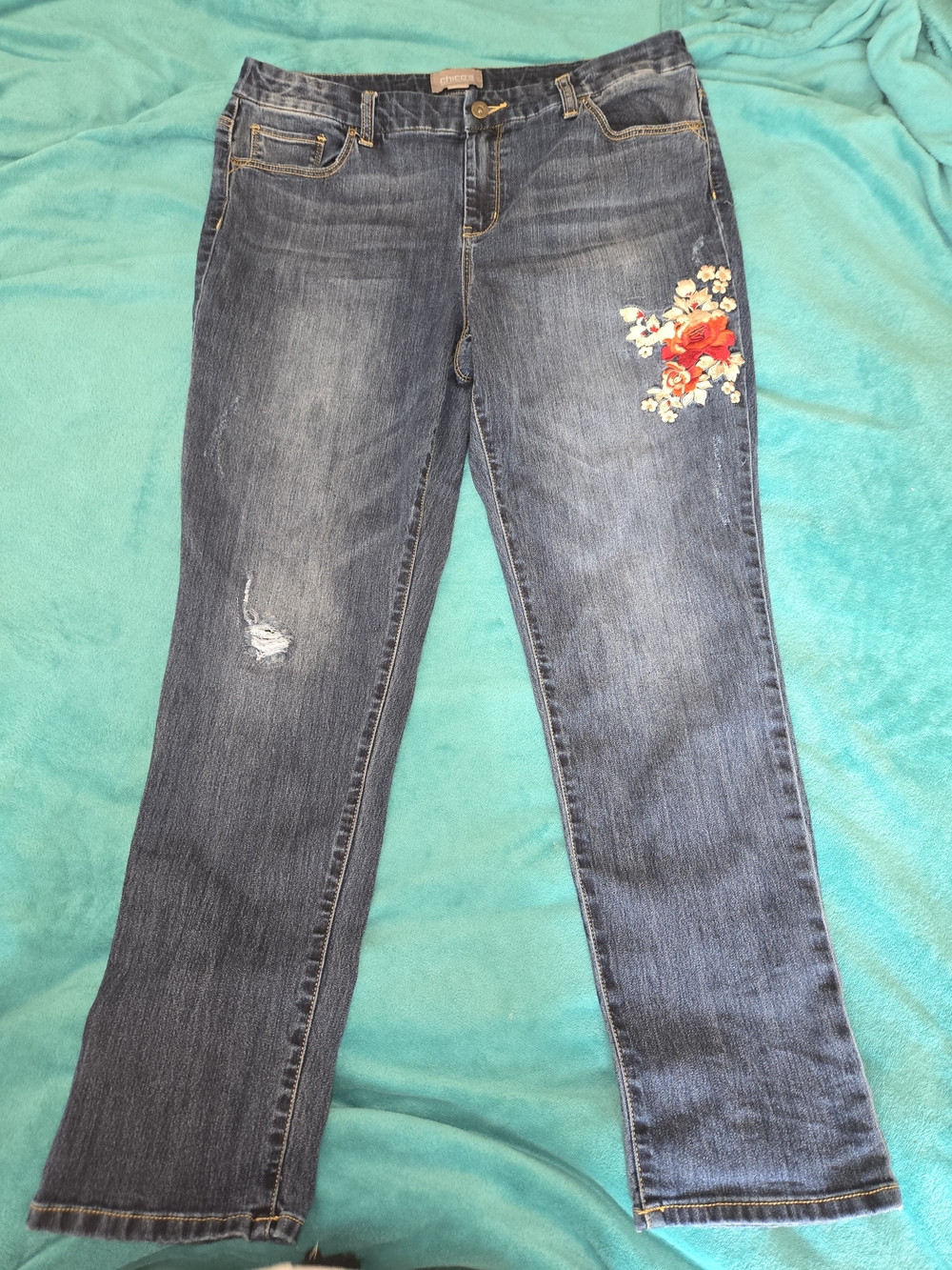 Cottagecore Boho Chico's Women's Floral Embroidered Ankle Jeans Stretch 5-Pocket